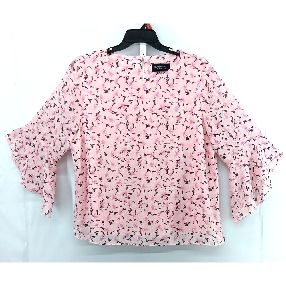Black Label by Evan Picone Blouse Women Size XL Pink 3/4 Bell Sleeve Sheer Top